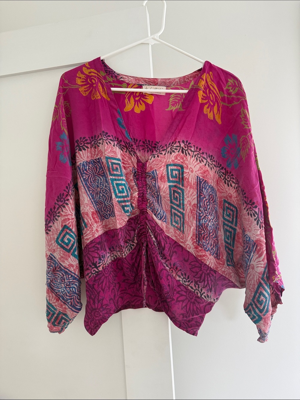 Kantha Bae butterfly cinch crop top -Bohemian Fuchsia Printed V-Neck Women’s Top